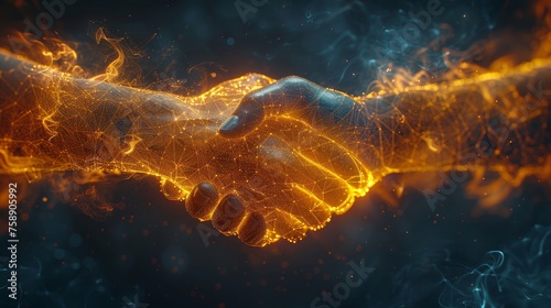 Abstract image of two hands handshake in the shape of flames. Image isolated on a dark background. Low poly wireframe. Particles are connected in geometric shapes.
