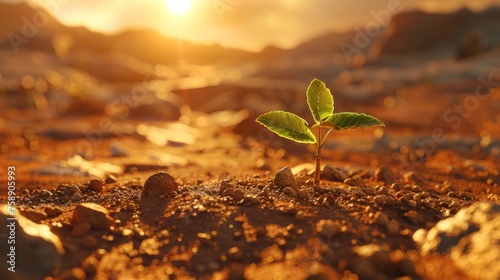 A young plant stands out against the golden glow of the rising sun, highlighting life's persistence
