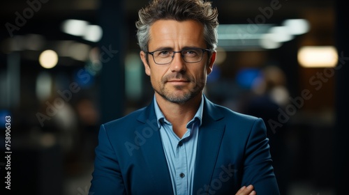 Smiling mature confident professional executive manager wearing blue suit, proud lawyer, confident businessman leader wearing blue suit, portrait of young man standing in office arms crossed. © Zaleman