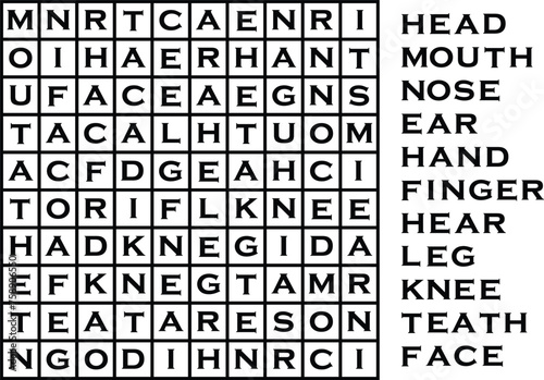 Word search puzzle about the parts of the body. Educational game for learning English words.. Vector illustration