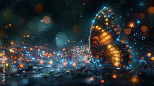 The evolution of a butterfly depicted in a digital futuristic style. The life cycle of an insect, the transformation from caterpillar to butterfly and the concept of business transformation.
