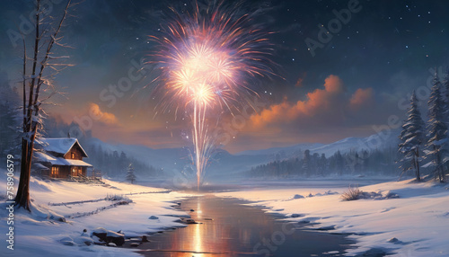 New Year's Eve night over a beautiful lake. Evening scene with fireworks bursting and the lakeshore illuminated. Generative AI. photo