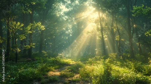 There is a bright sun in the forest