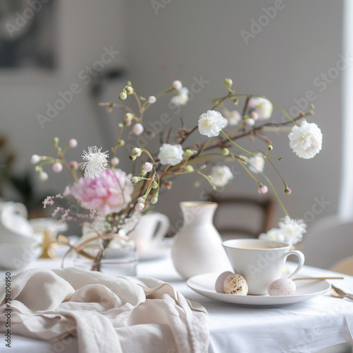 a modern afternoon tea, with two tier pasteries and sandwiches and beautiful modern china on a minimal table, decorated with pink and purple peonies and a few easter eggs