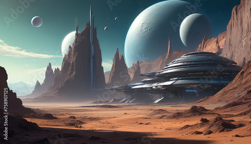 Technological city on Mars. Glass dome where people live.