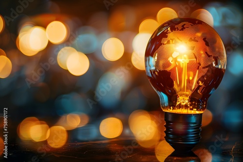 A captivating Earth map glows within a light bulb, surrounded by a bokeh of lights. Earth Hour. Energy efficiency and energy saving. Environmental protection concept. Ecological problems.