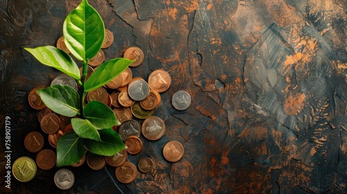 Lush green plant placed atop a pile of coins on a dark  moody  and textured artistic background providing a concept of growth and investment