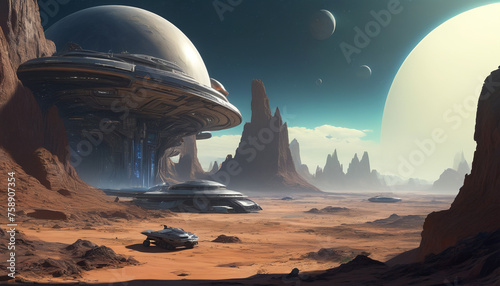 Technological city on Mars. Glass dome where people live.