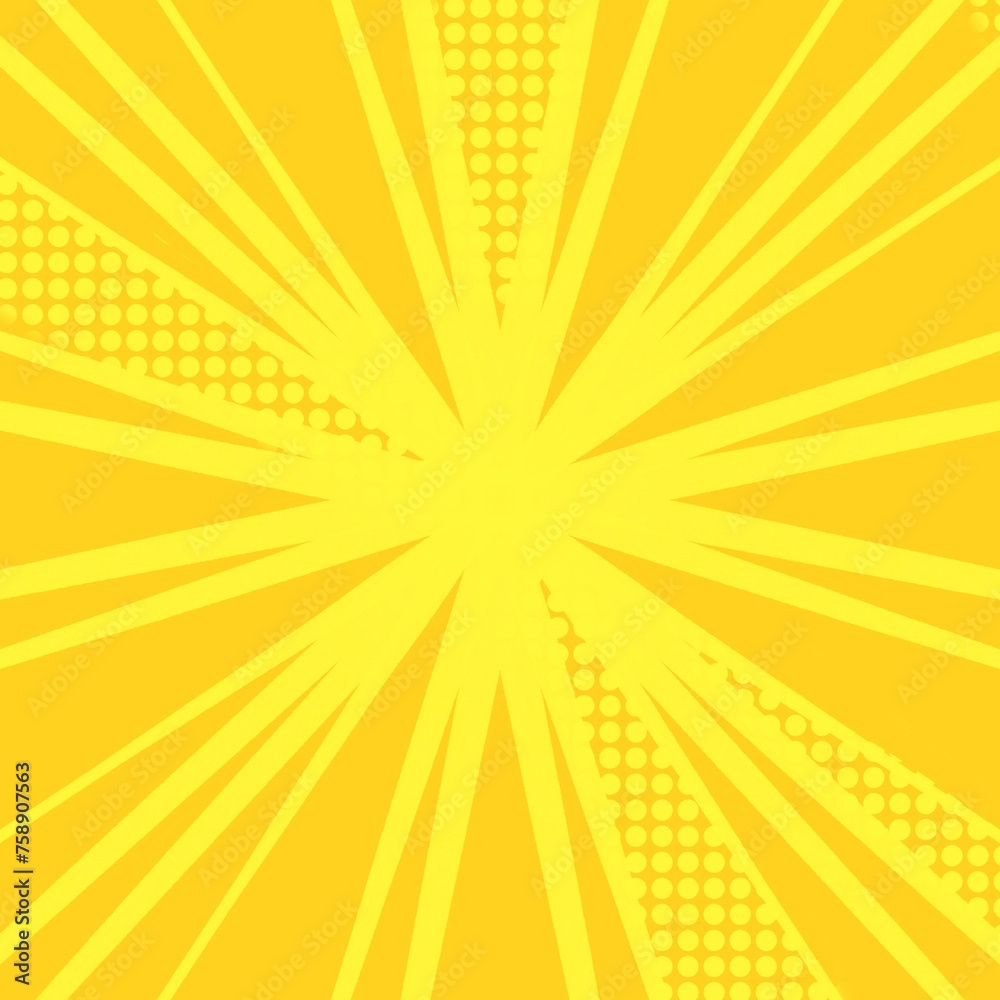 yellow background with rays vintage comics style, pop art with dots 