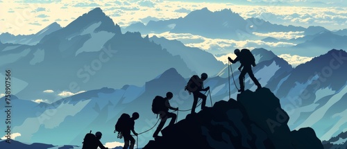 Climb climber adventure hobby illustration for logo - Black silhouette of climbers on a cliff rock with blue misty fog mountains landscape in the morning as a background