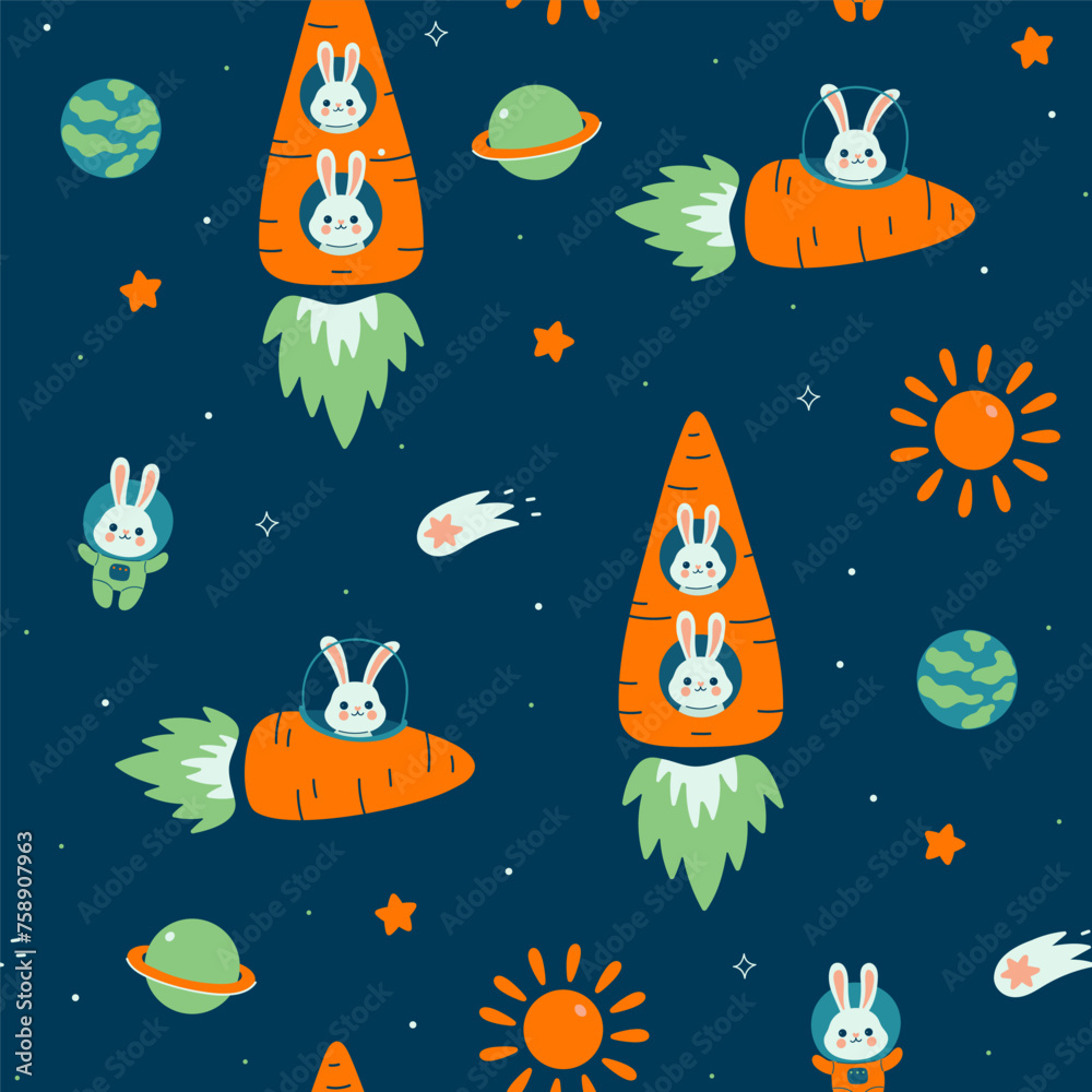 Seamless pattern with space bunnies in carrot spaceships. Vector graphics. Seamless pattern with space bunnies in carrot spaceships. Vector graphics.