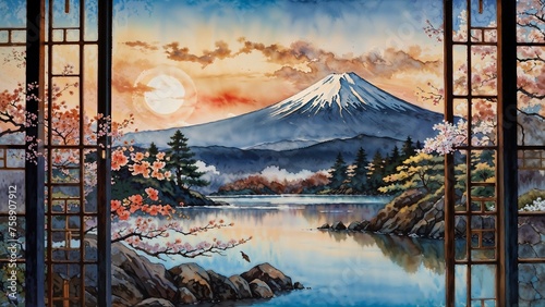 sunset over the mountains in japanese landscape
