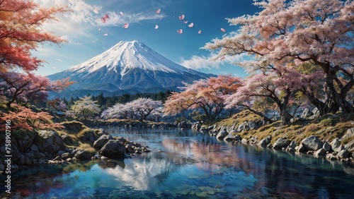japanese landscape blossom flowers. petals flying