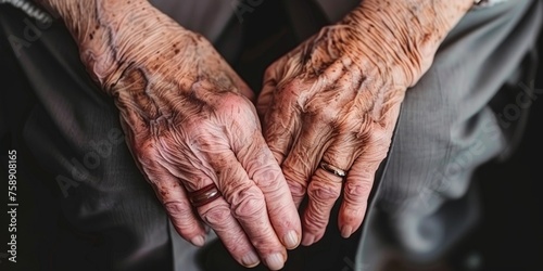 Elderly hands intertwined, with wrinkles telling stories of time and shared history. photo