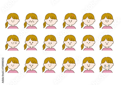 ポニーテールの女性　色々な表情　可愛い　線画　イラスト © okogehan