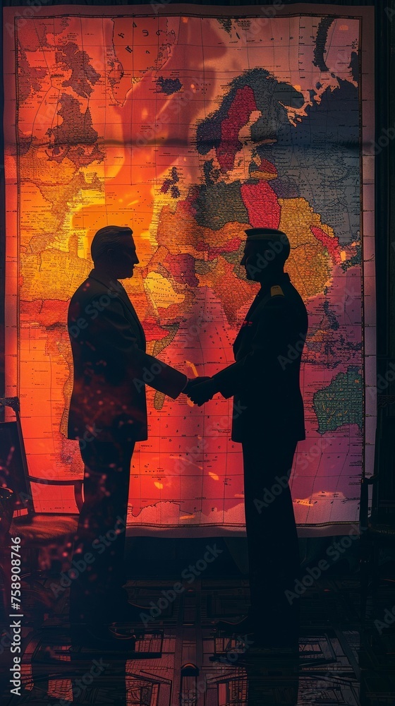 Generals, war maps, shaking hands upon treaty agreement, heralding a new era of peace 3D render, Silhouette lighting, Chromatic Aberration