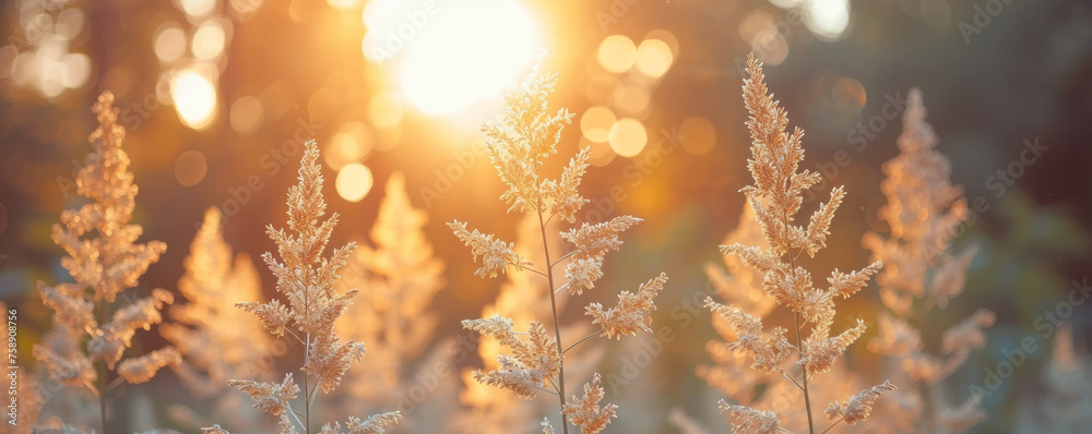 Wild flowers bathe in golden light of sun closeup. Flowers sway gently in breeze shimmering with delicate beauty. Soft ethereal glow.