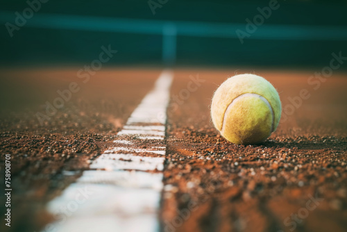 Dirty tennis ball left on clay court surface near marking for professional players. Atmosphere of post-game exhaustion after exhaustive match.