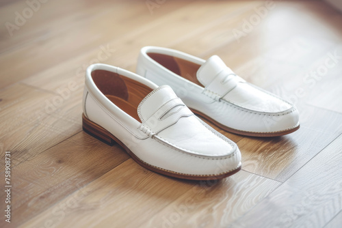 White leather moccasins stand on parquet floor in entry room. Casual shoes pair demonstrated in fashion store. Quiet luxury style footgear.