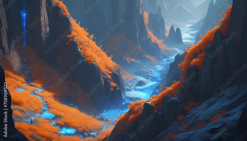 Mountain landscape featuring jagged rocks in a blue hue. Generative AI.

