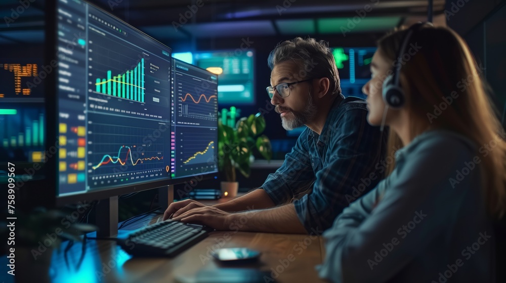 Financial Analysts Monitoring Data on Screens. Two financial analysts focused on monitoring live data on computer screens in a dark office.