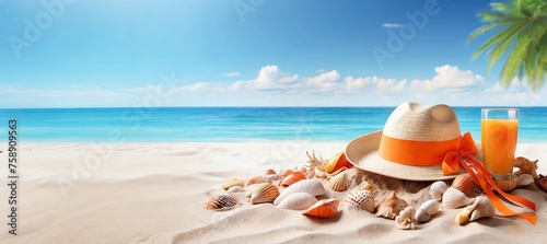 Tropical sunny beach, straw hat with seashells on the white sand, free space for text, banner, Summer holiday concept.