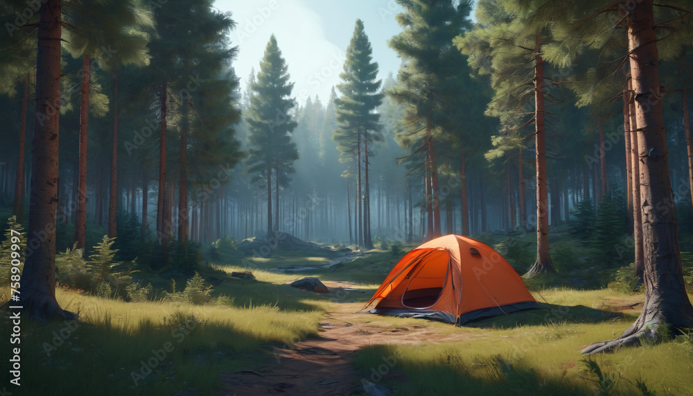 A picturesque camping spot amidst the forest. A beautiful tent pitched. Generative AI.

 - obrazy, fototapety, plakaty 