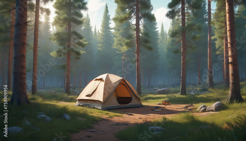 A picturesque camping spot amidst the forest. A beautiful tent pitched. Generative AI.