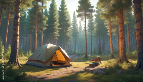 A picturesque camping spot amidst the forest. A beautiful tent pitched. Generative AI.

 photo