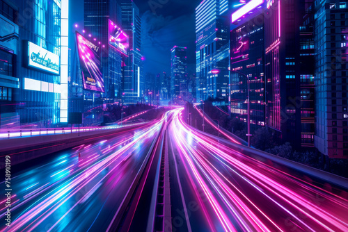 3d rendering futuristic cyberpunk city with blue and pink light trail. 