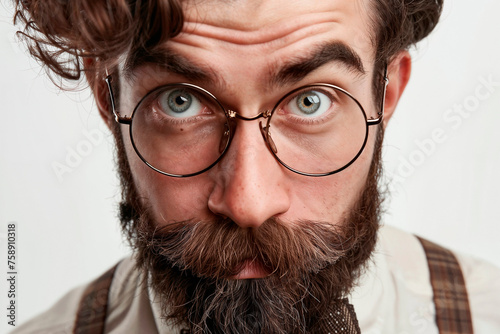 un hombre con barba y gafas haciendo una mueca graciosa con los ojos muy abiertos photo