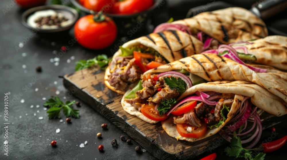Delicious Greek gyros wrapped in pita bread. Shawarma, grilled pita on dark background. With fresh meat and vegetables. Copy space. Delicious Greek gyros wrapped in pita bread. Shawarma, grilled pita on dark background. With fresh meat and vegetables. Copy space.