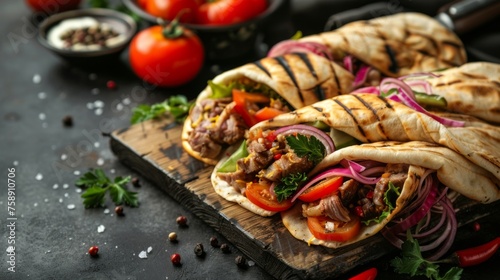 Delicious Greek gyros wrapped in pita bread. Shawarma, grilled pita on dark background. With fresh meat and vegetables. Copy space.