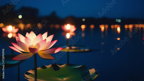 Lotus Flower Or Water Lily over bokeh background. Happy Vesak day concept. lotus water lily blooming on water surface purity nature background, aquatic plant, symbol of buddhism photo