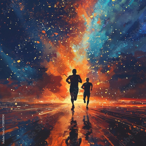 Wallpaper Featuring Silhouetted Runners Amidst a Vibrant Cosmic Explosion