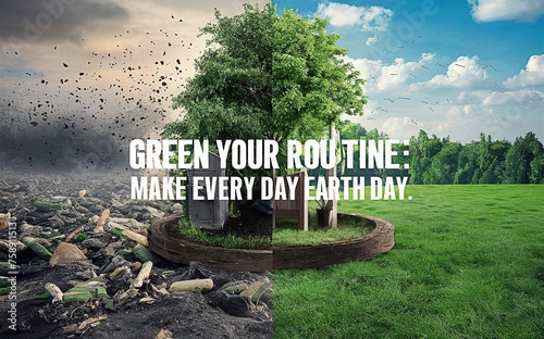 "Green your routine: Make Every Day Earth Day." contrasts a polluted landscape with a thriving green environment, urging sustainable living.