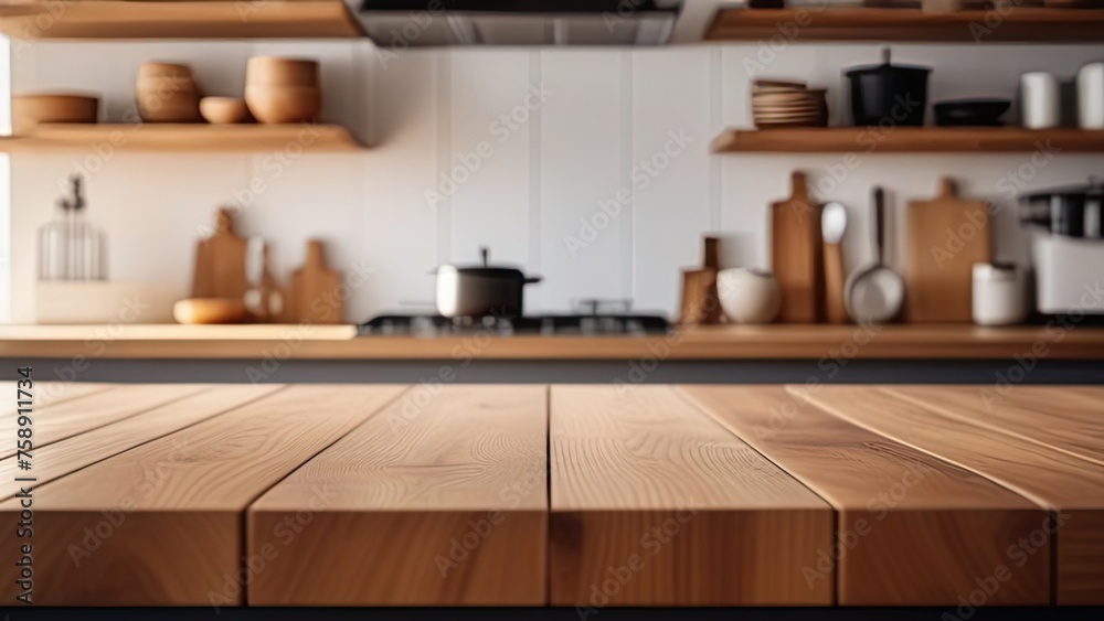 Large wooden banner on the background of a blurry light kitchen