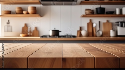 Large wooden banner on the background of a blurry light kitchen © Svetlana