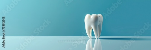 A healthy white big tooth stands on a glass table on a blue background, banner
