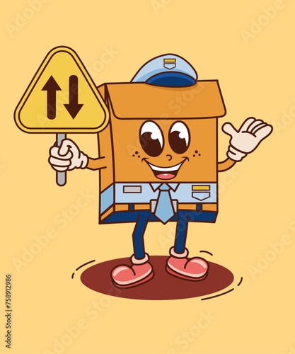 retro cartoon illustration of police cardboard box with traffic signs, two-way road sign