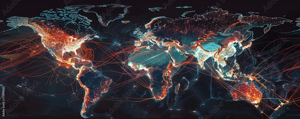 Dynamic logistic networks visualized over a global map - obrazy, fototapety, plakaty 