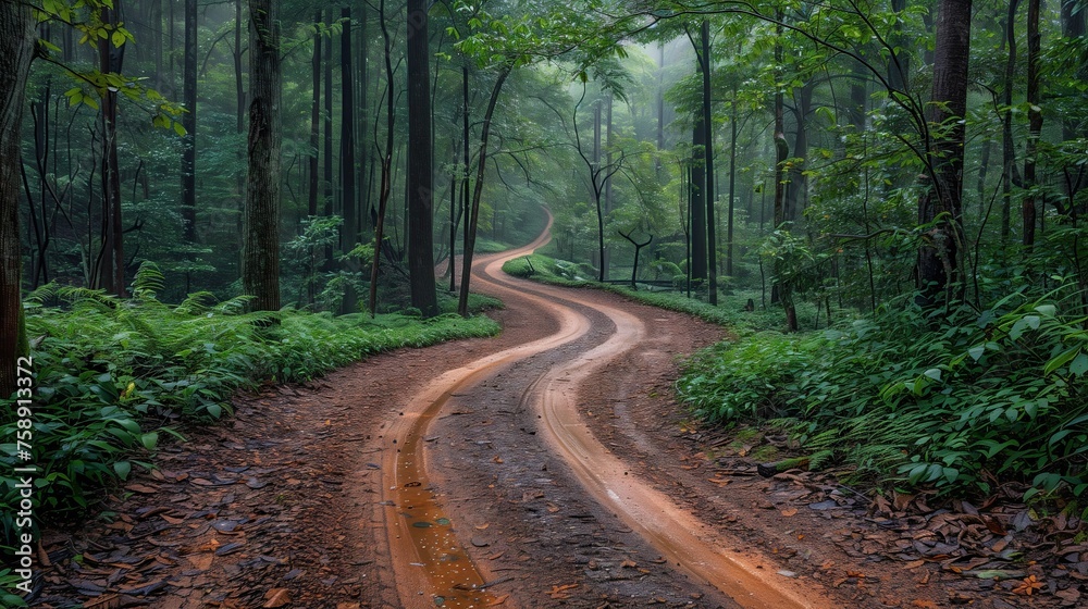 Obraz premium The path passes through the nature of the rainy season forest. Road to a tropical forest natural field and the concept of independent living.