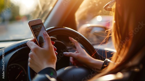 Playing on the phone while driving Illegal and dangerous on the road photo