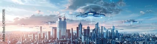 Futuristic urban skyline with AI-controlled photo
