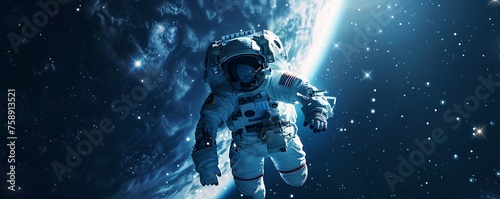 Lone astronaut floating in the vast illuminated cosmos