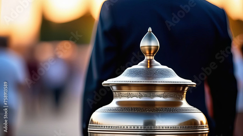 A metal urn with ashes of a dead person on a funeral, with people mourning in the background on a memorial service. Sad grieving moment at the end of a life. Last farewell to a person in an urn photo
