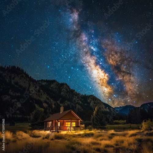 Starry night over a remote cabin