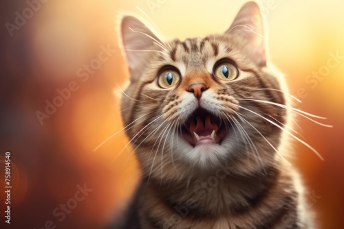Happy funny excited kitty cat with long ears and wide open mouth against bright background, Easter holiday concept celebration with copy space 