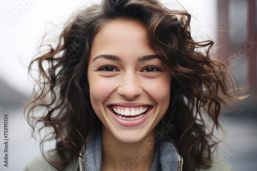 A close-up of a person with a joyful smile on their face against a white background.