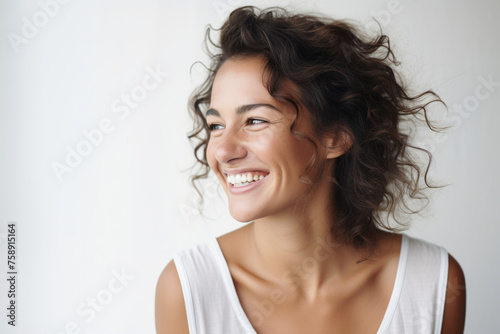 A woman happily smiles while wearing a white tank top against a white background.